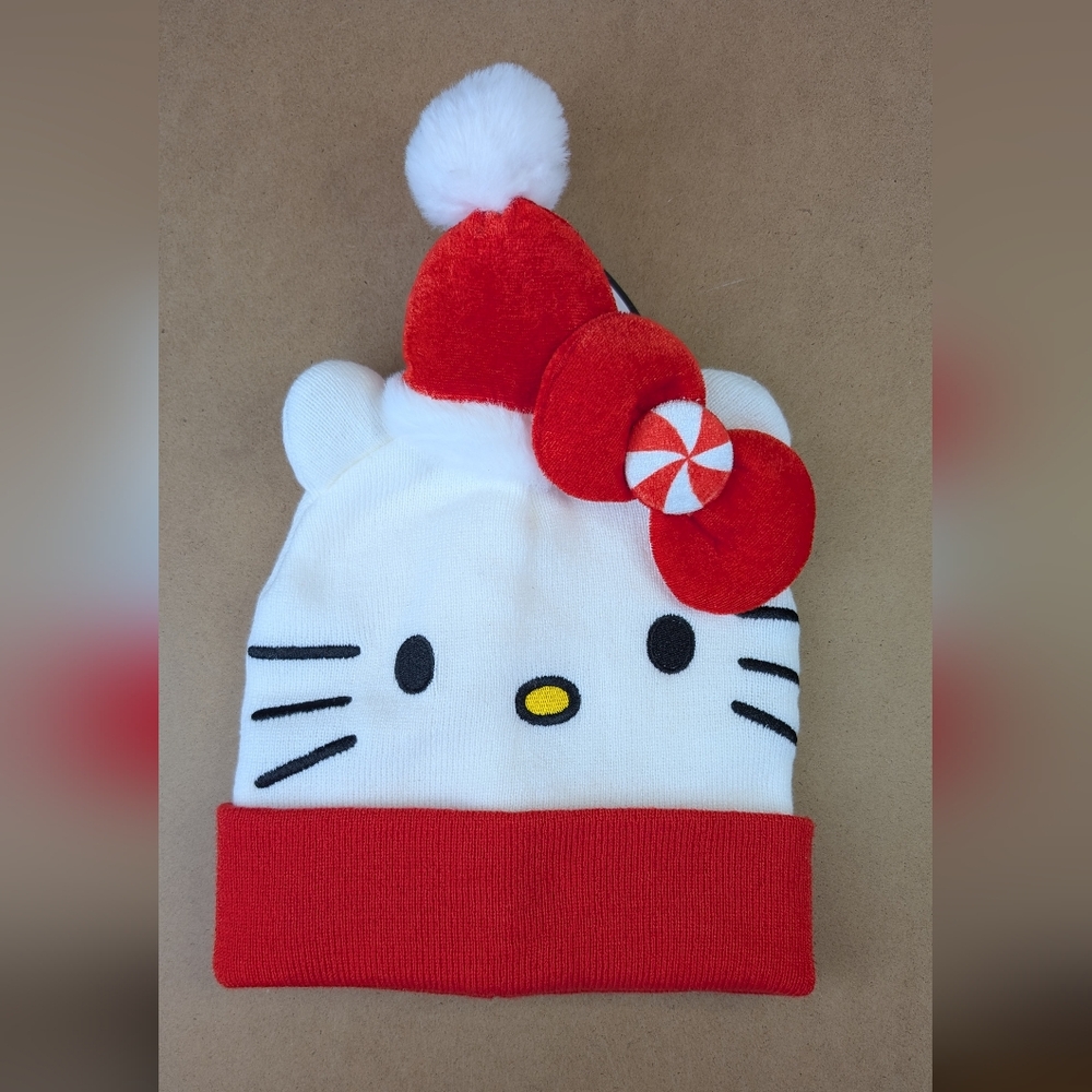 Hello Kitty by Sanrio Winter Hat, Folded Brim, Red & White w Bow & Santa Hat